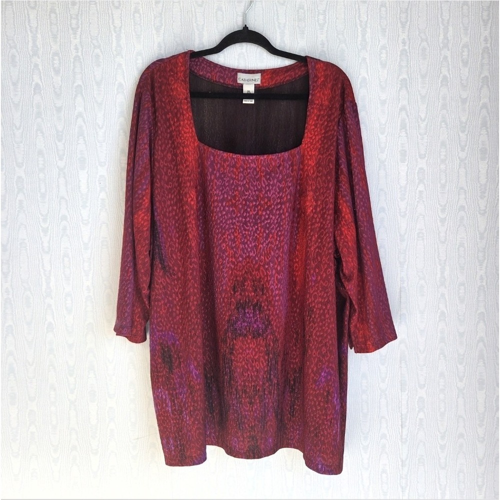 Catherines Tunic Women's 3X Red Purple Animal Print Square Neck 3/4 Stretch Knit